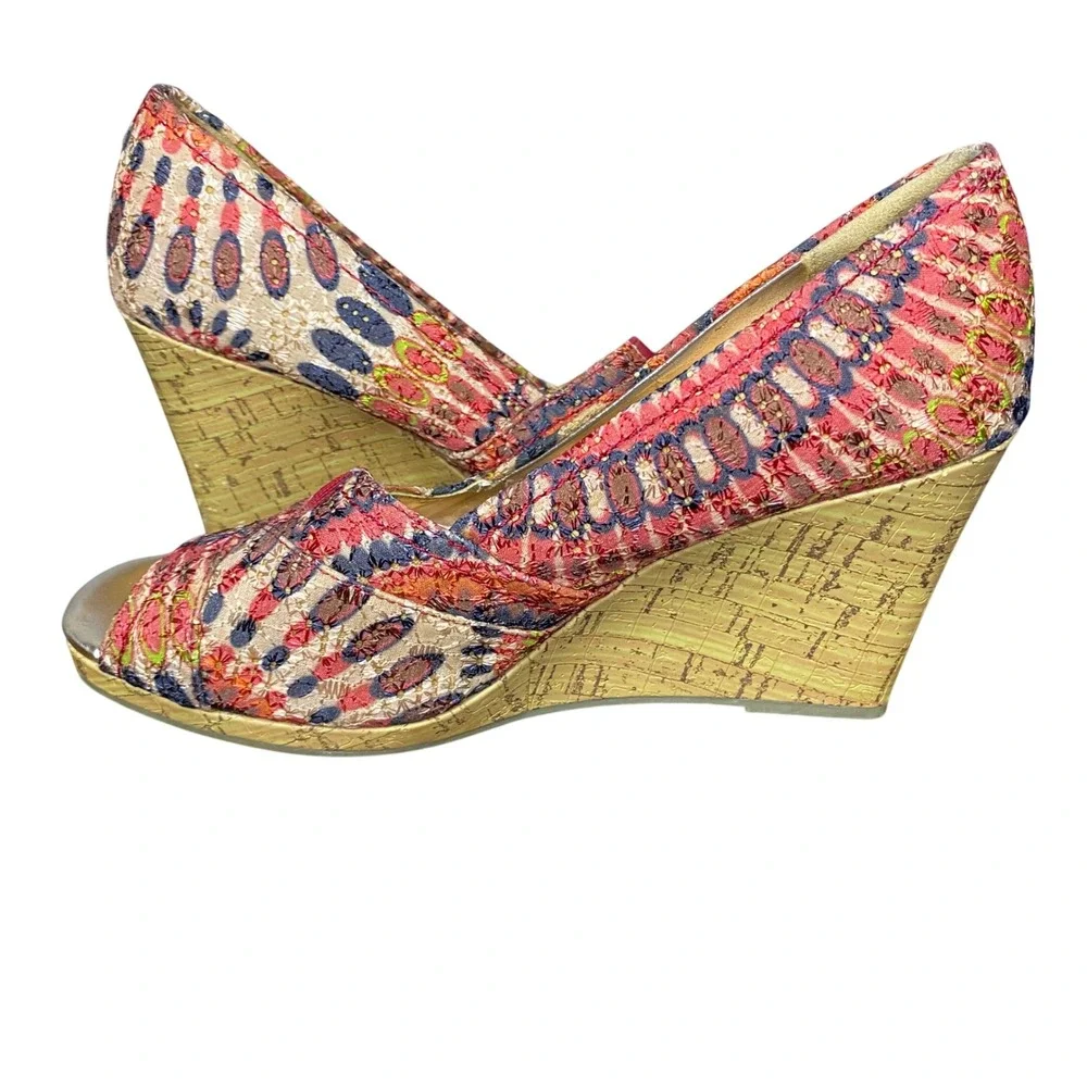 Faded Glory Women Boho Embroidered Peep Toe Cork Wedge Heels‎ Multicolor Size 8
